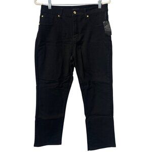 IMAN Jeans Size 14 Petite Black Straight Leg Stretch Gold Accents Cotton NEW